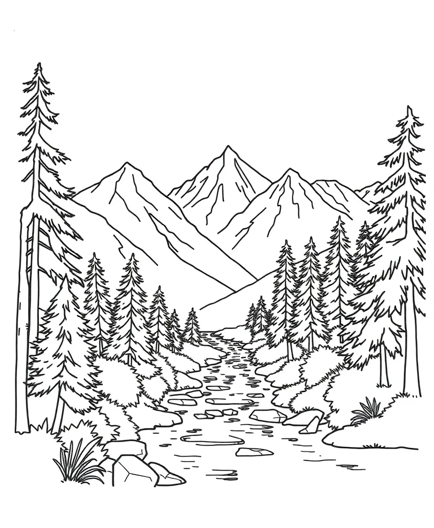 Line art of a nature scene with trees and mountains