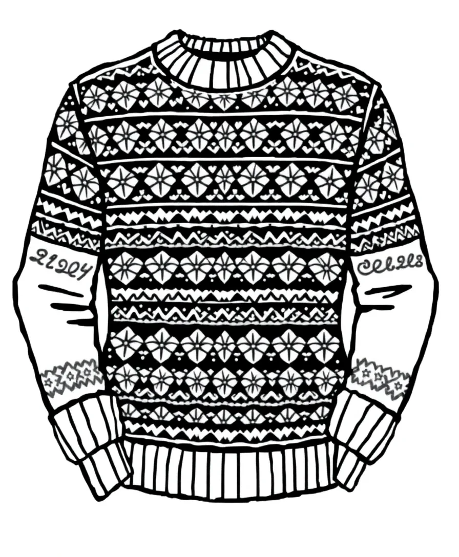 Line art of a knitted sweater with patterns