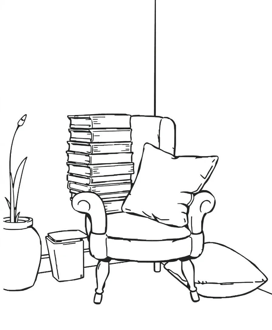Line art of a reading nook with chair and books