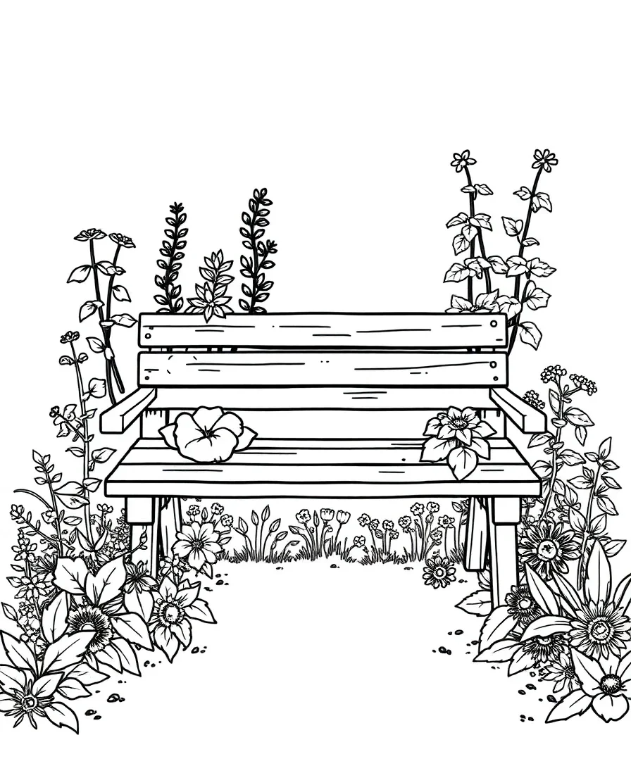 Line art of an herbal tea garden with plants
