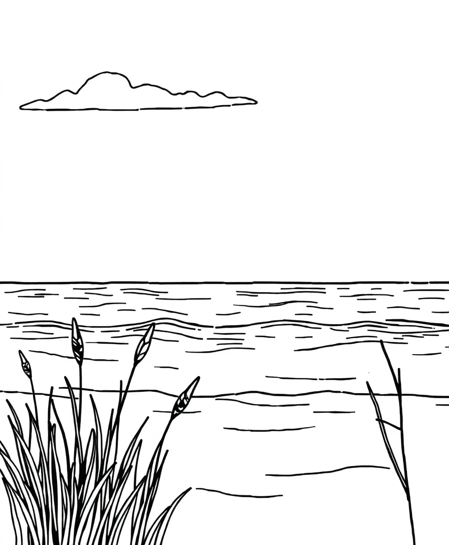 Line art of a lakeside scene with waves and reeds
