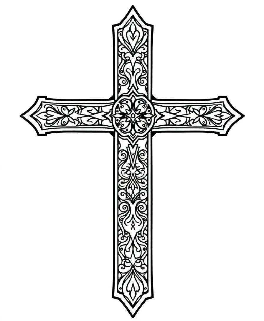 Line art of a cross with detailed patterns for coloring