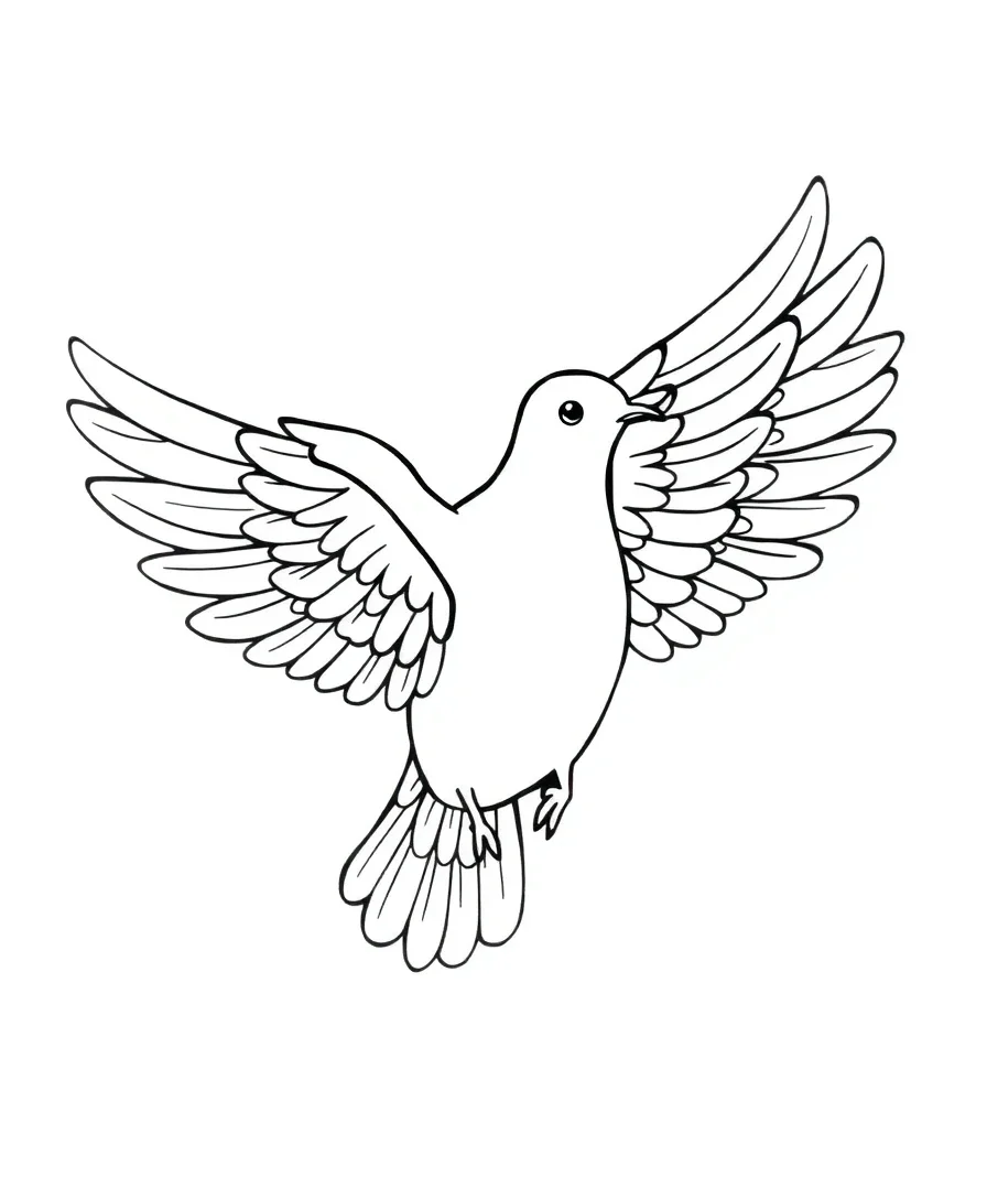 Line art of a dove in flight with detailed wing patterns