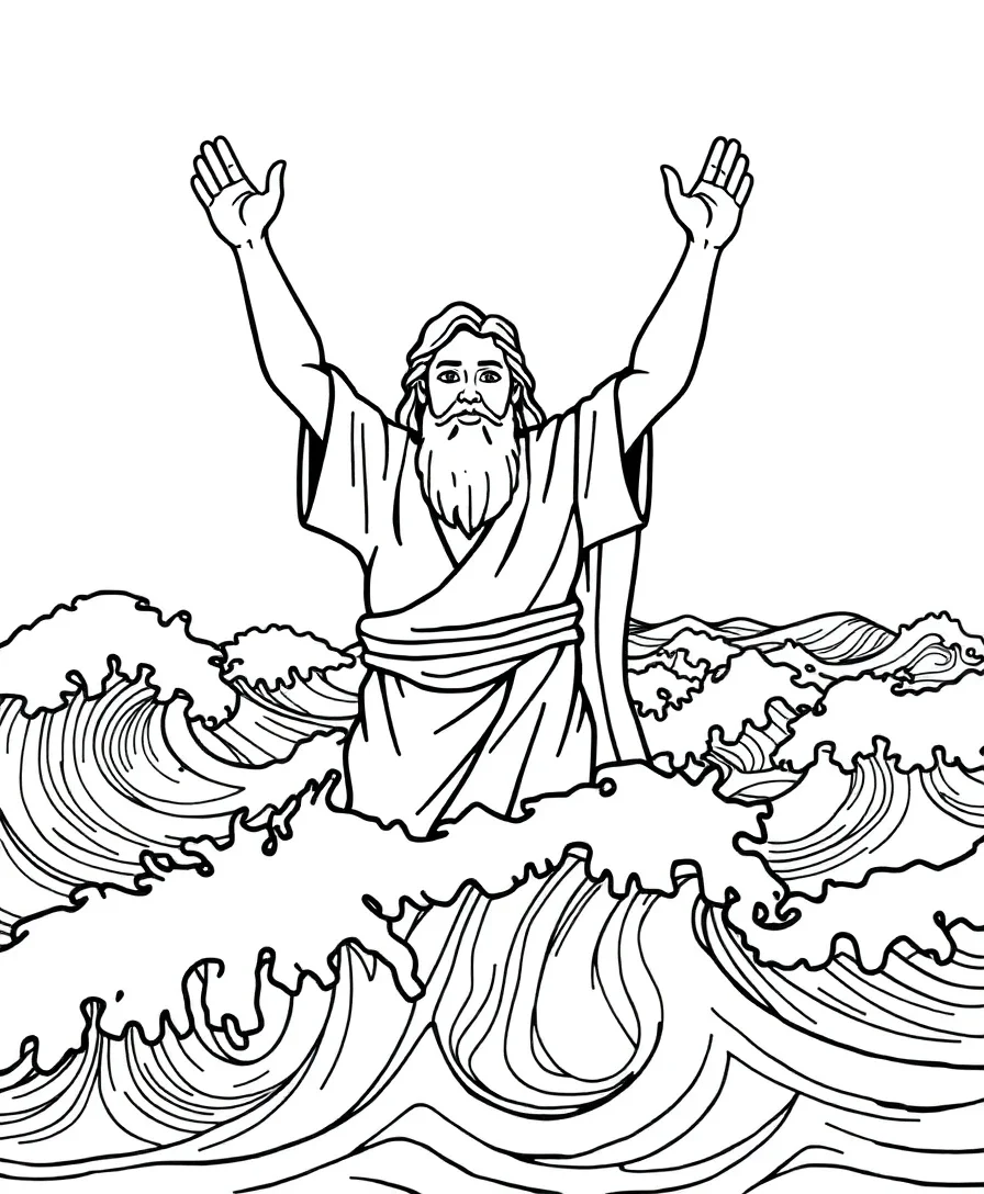 Line art of Moses parting the Red Sea with detailed waves