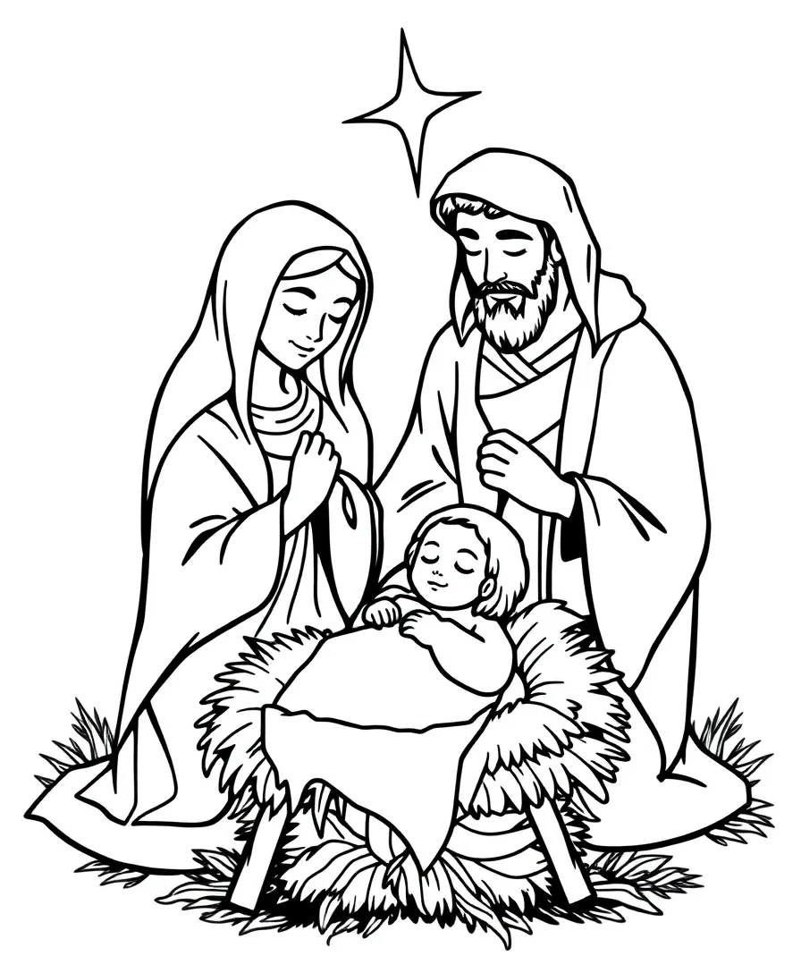 Line art of the Nativity scene with holy figures in a manger