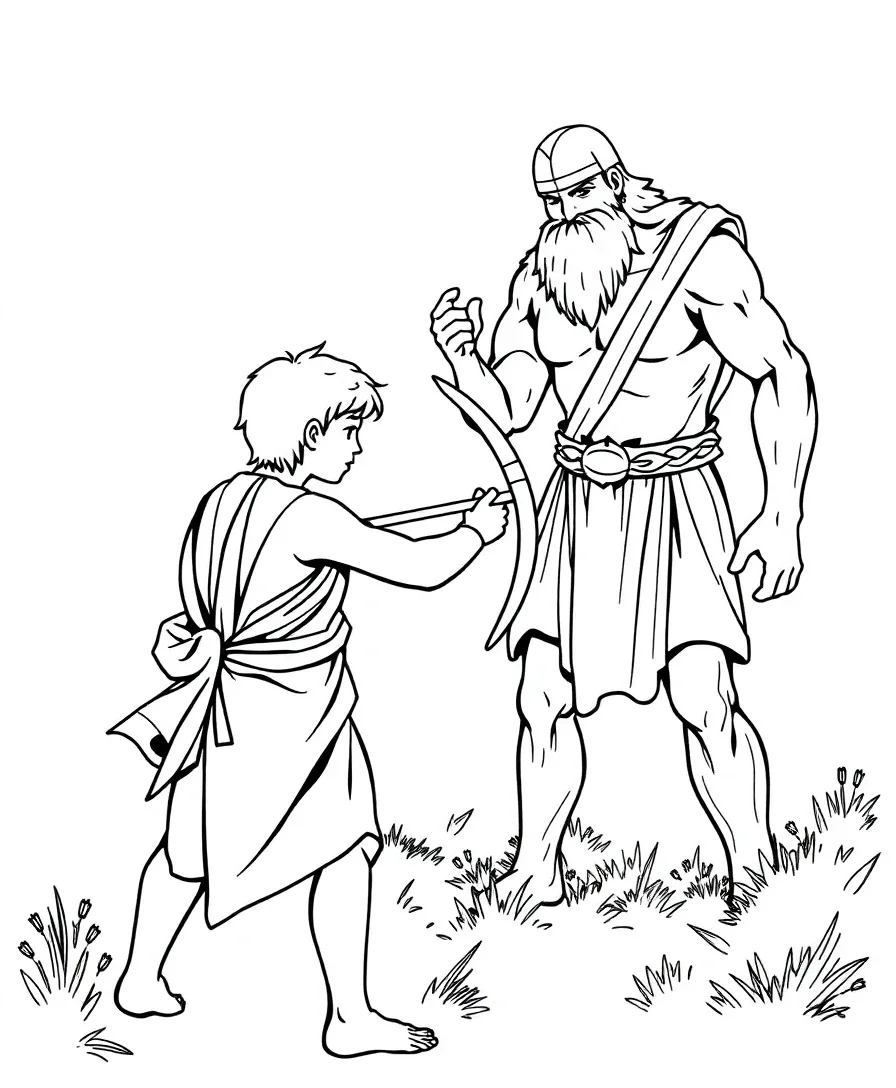 Line art of David and Goliath with bold outlines and contrasting figures
