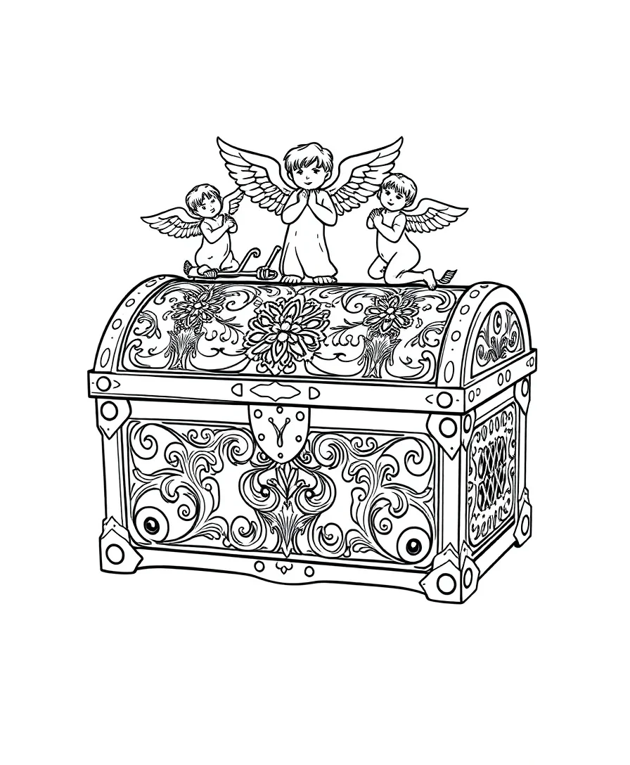 Line art of the Ark of the Covenant with ornate designs and cherubim