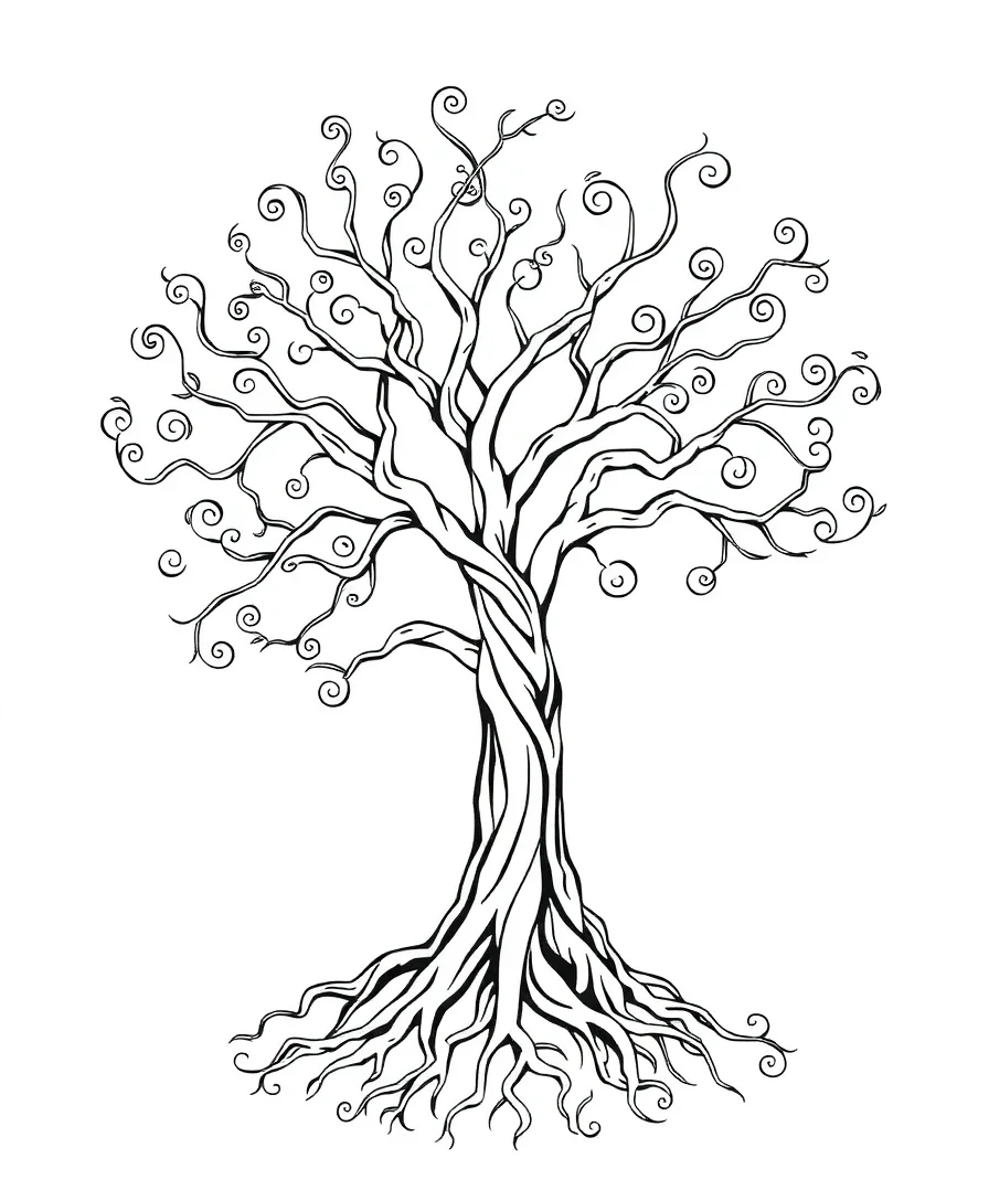 Line art of the Tree of Life with intricate branches and roots