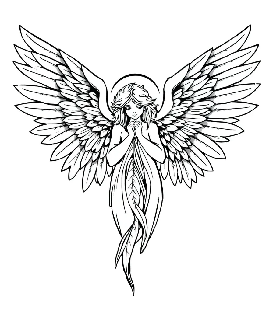 Line art of an angel with detailed wings for coloring