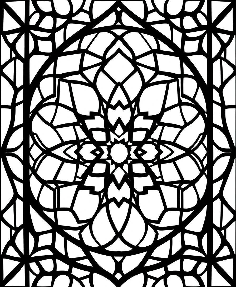 Line art of a stained glass window pattern with geometric details