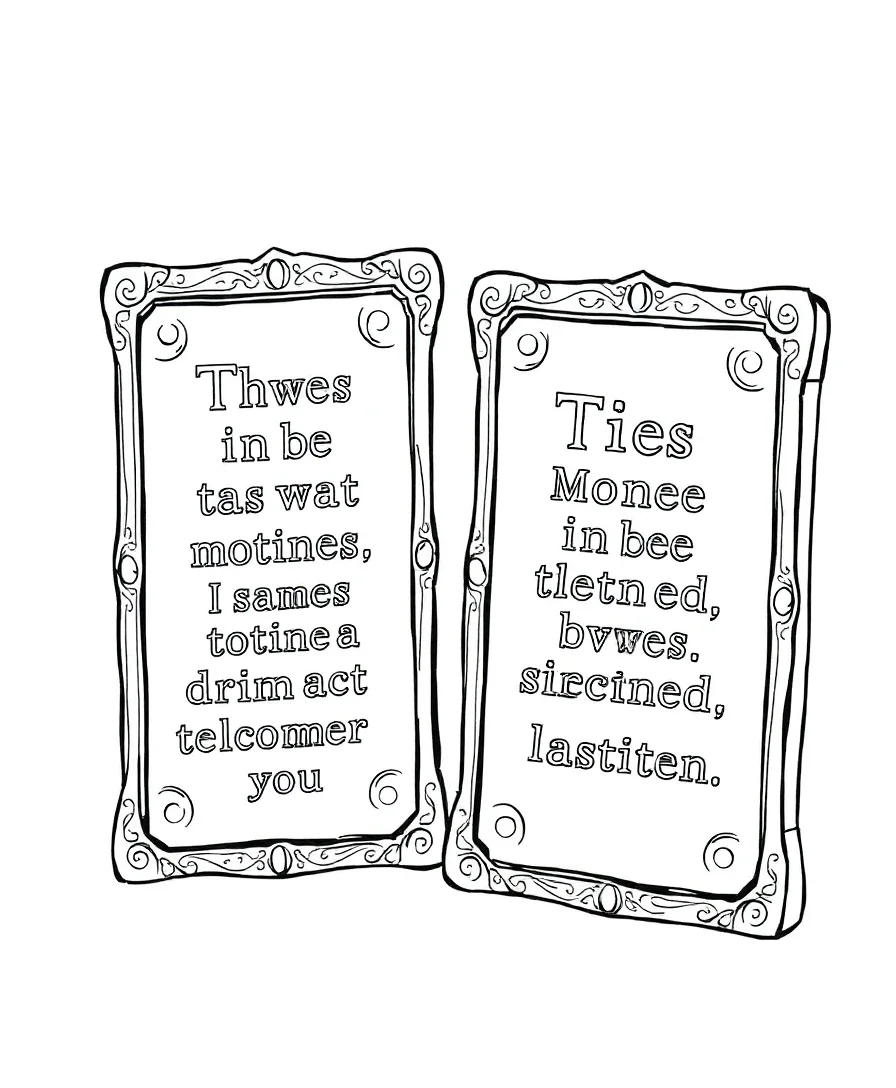Line art of the Ten Commandments tablets with decorative borders