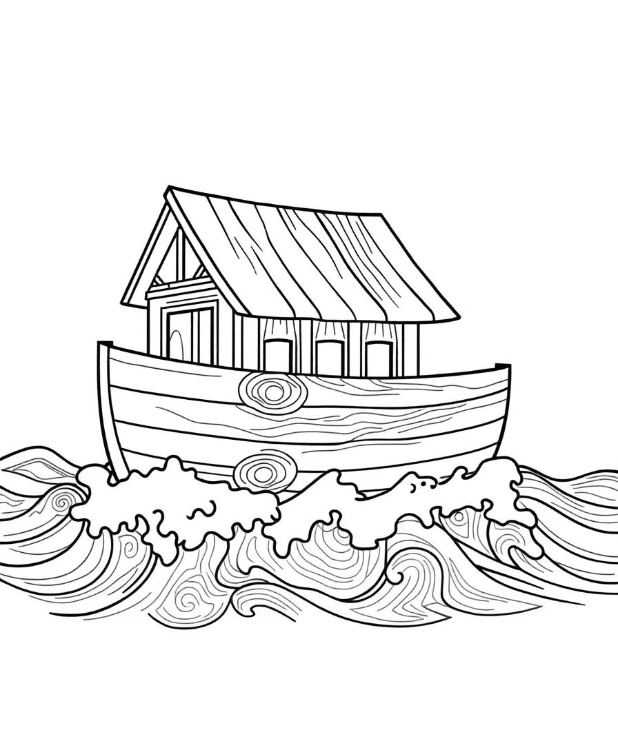 Line art of Noah's Ark with detailed wood grain and waves