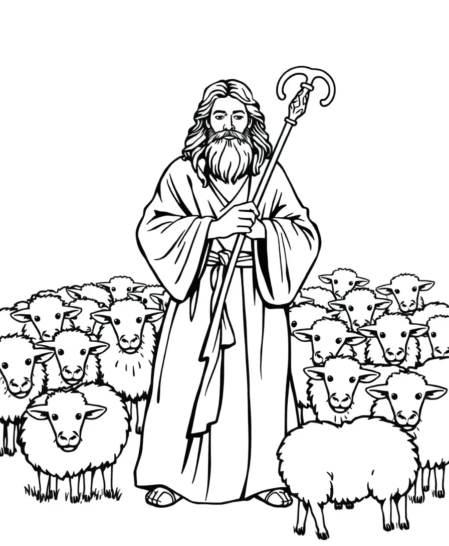Line art of the Good Shepherd with a staff and sheep