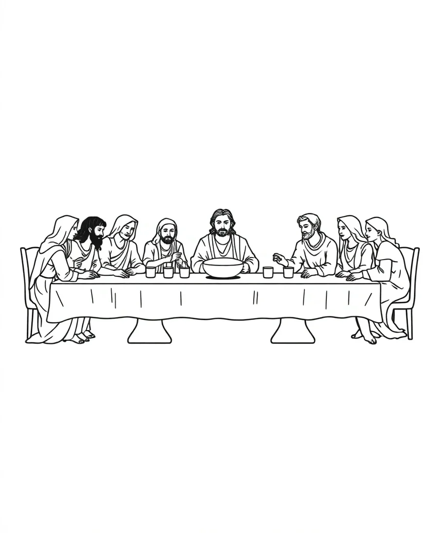 Line art of the Last Supper with figures around a table