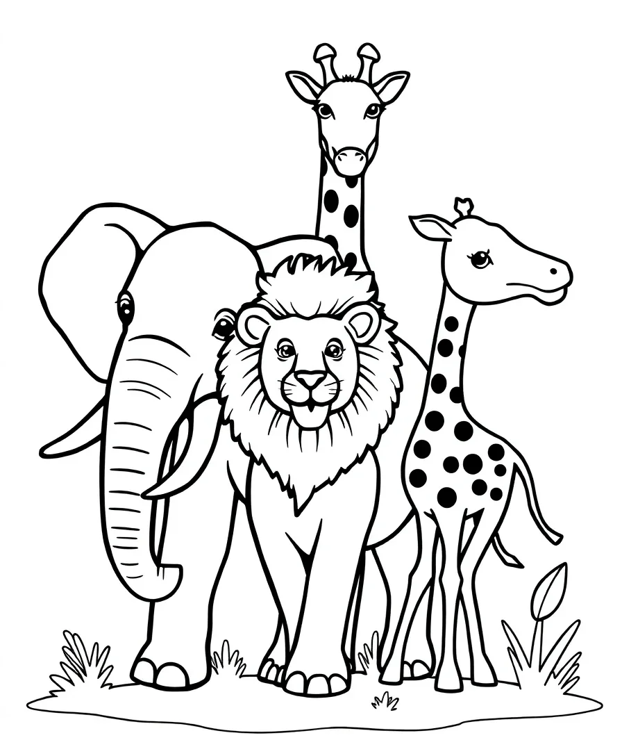 Line art of playful elephant, lion, and giraffe with bold outlines