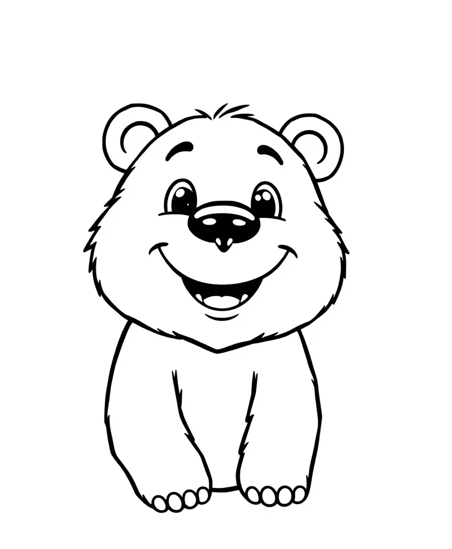 Line art of a cartoon bear with a big smile and bold outlines