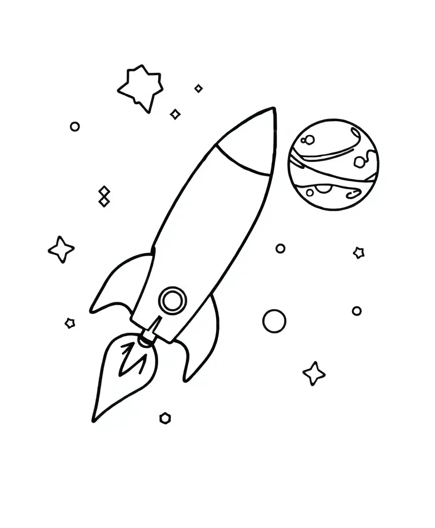 Line art of a rocket and planet with bold outlines