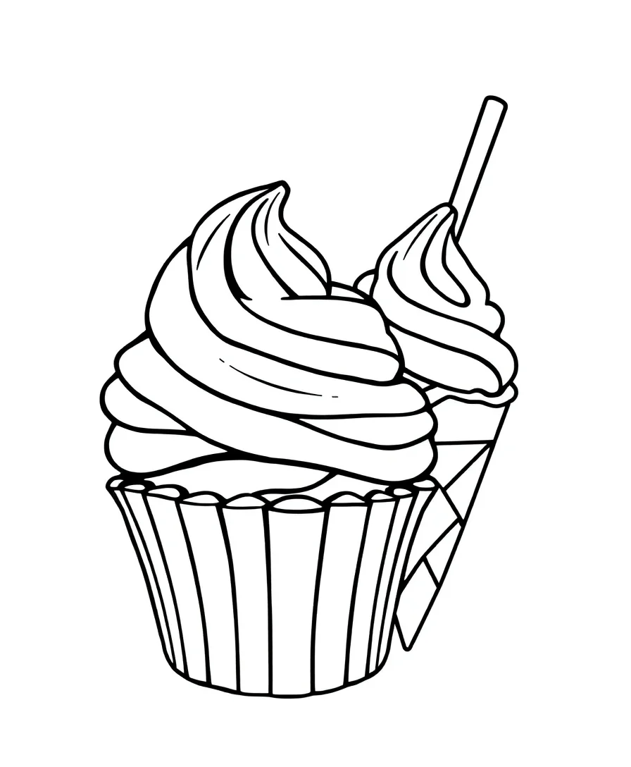 Line art of a cupcake and ice cream with bold outlines