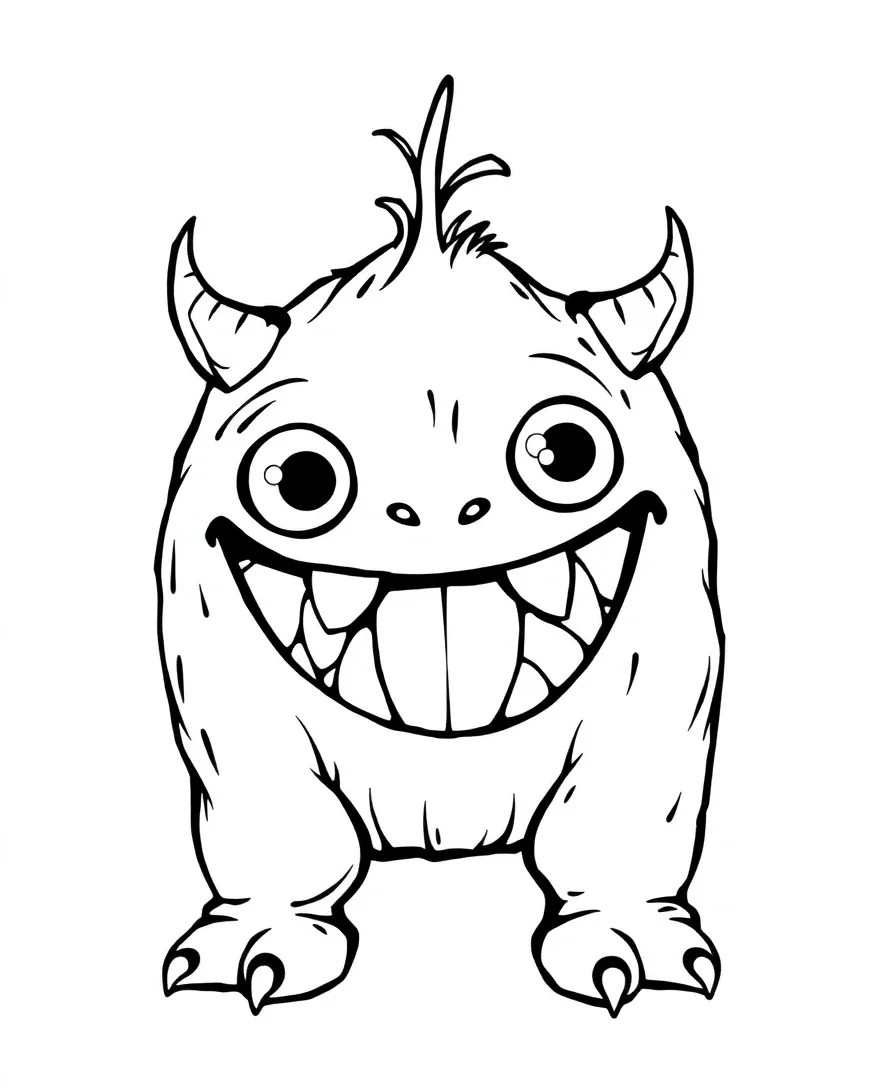 Line art of a friendly monster with bold outlines