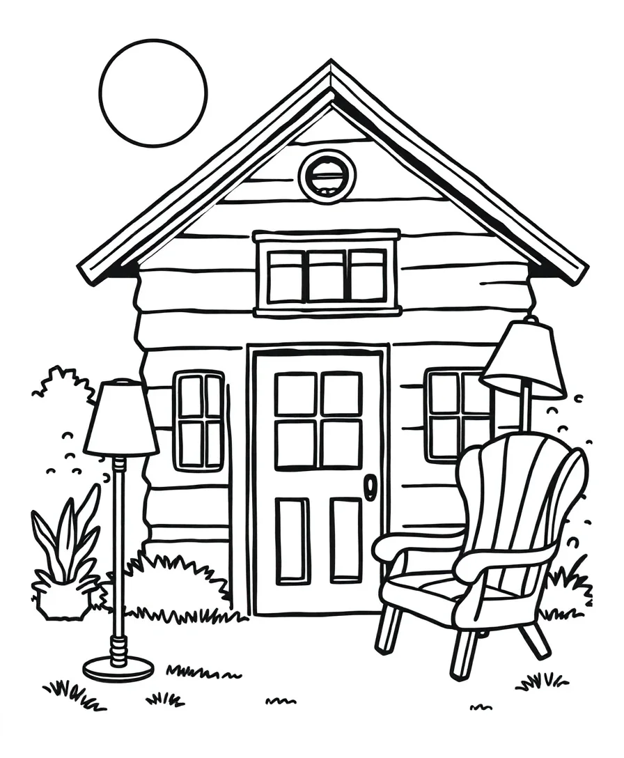 Line art of a house, chair, and lamp with bold outlines