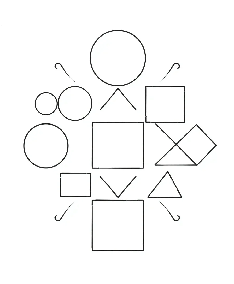 Line art of circles, squares, and triangles in a geometric pattern