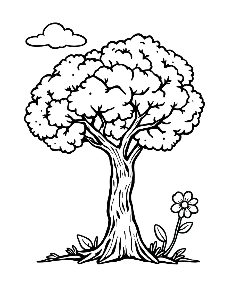 Line art of a tree, cloud, and flower with bold outlines