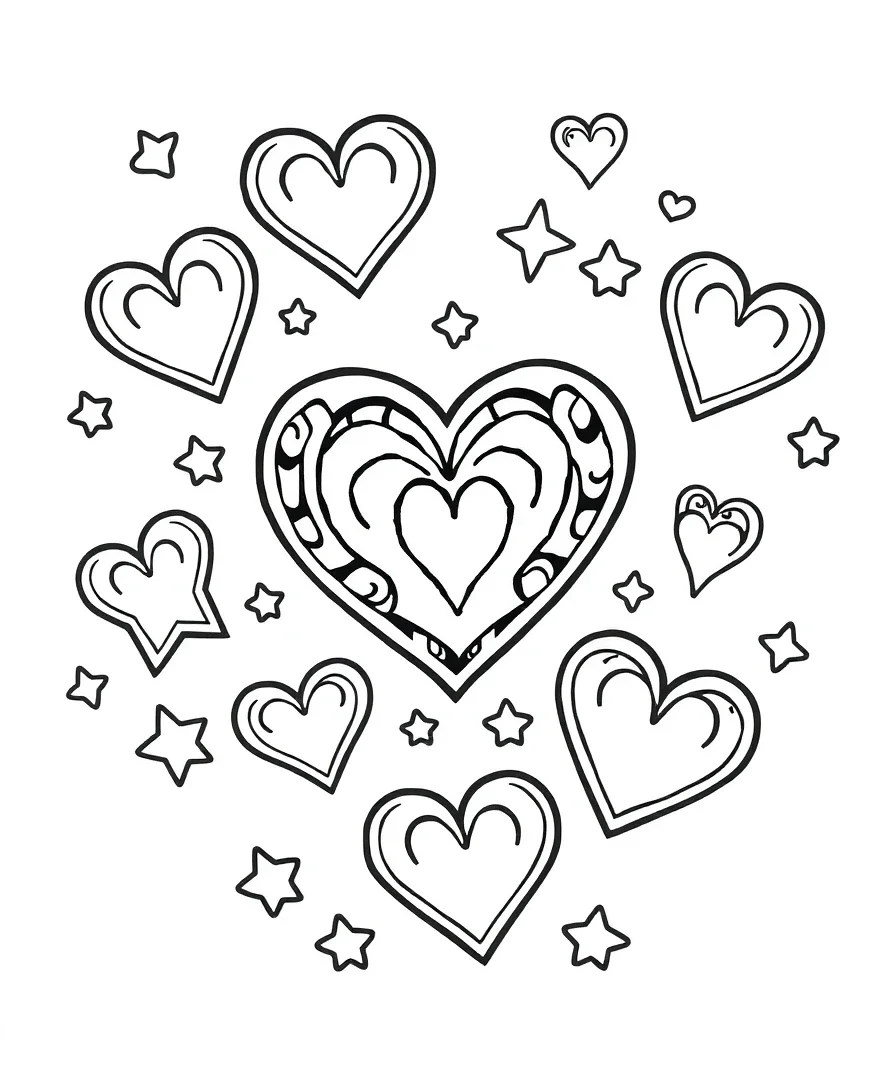 Line art of hearts and stars with bold outlines