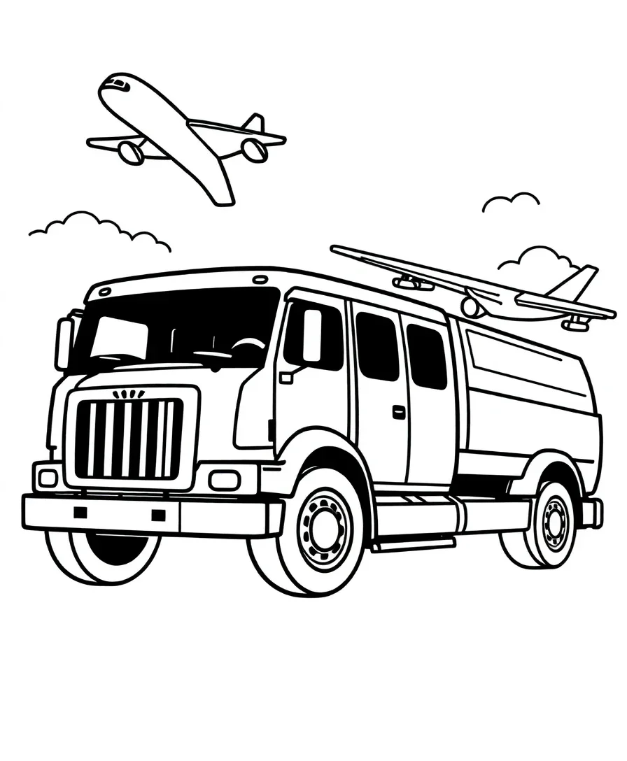 Line art of a car, truck, and airplane with bold outlines