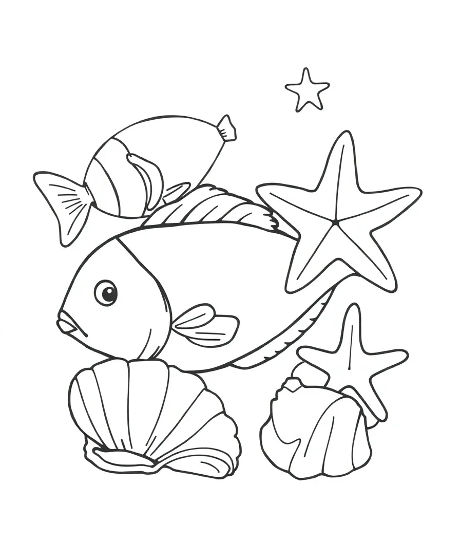 Line art of a fish, starfish, and shell with bold outlines