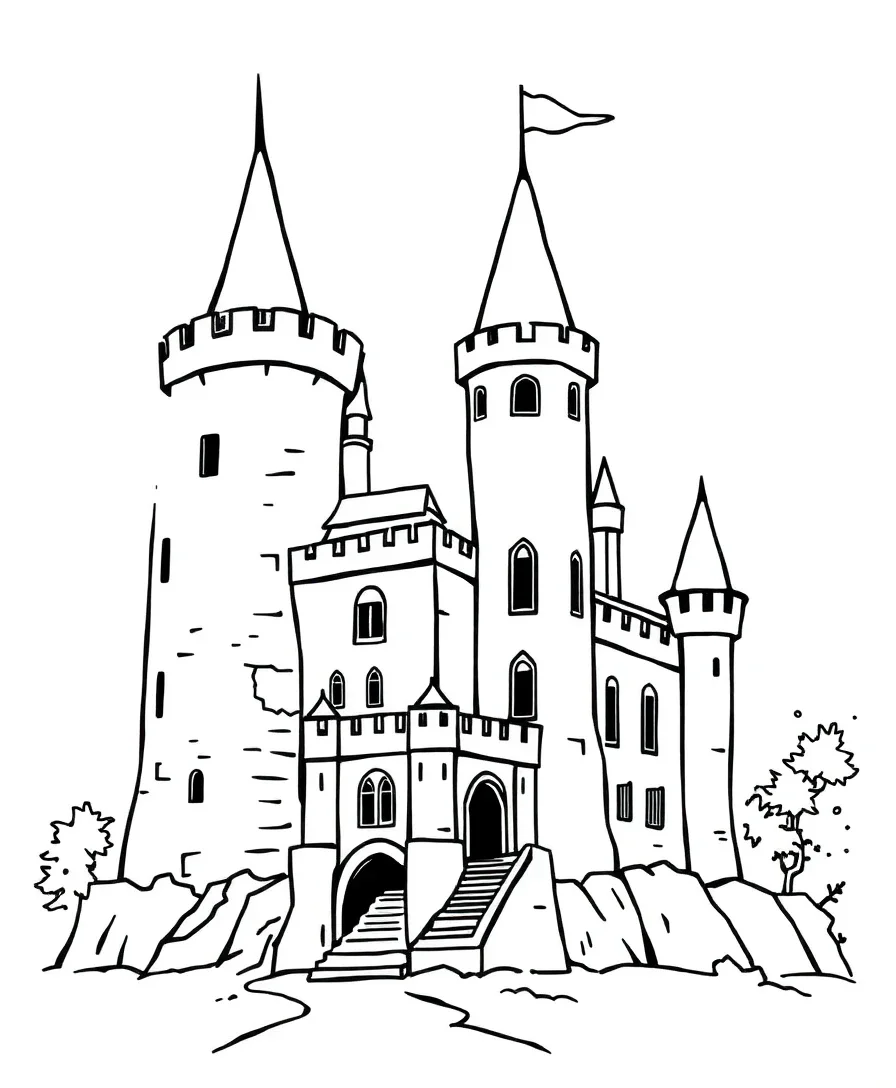 Line art of a fairy tale castle with bold outlines