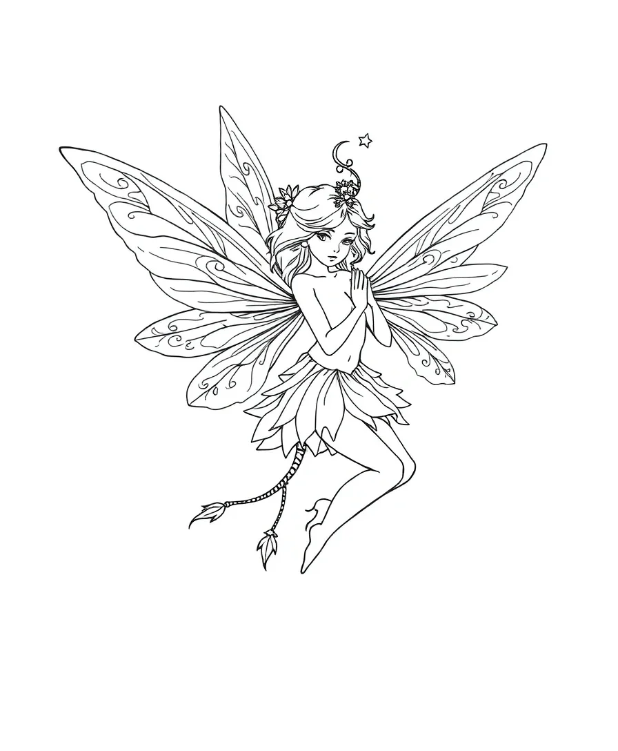 Line art of a fairy with ethereal wings