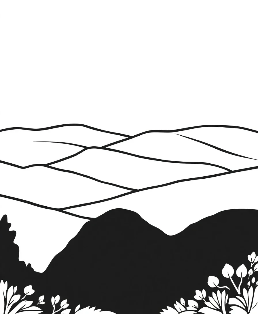 Line art of a serene landscape with rolling hills