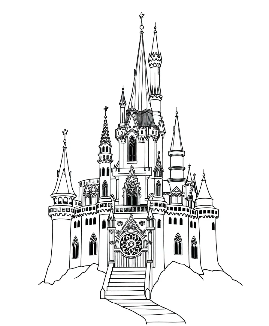 Line art of an enchanted castle with intricate stonework