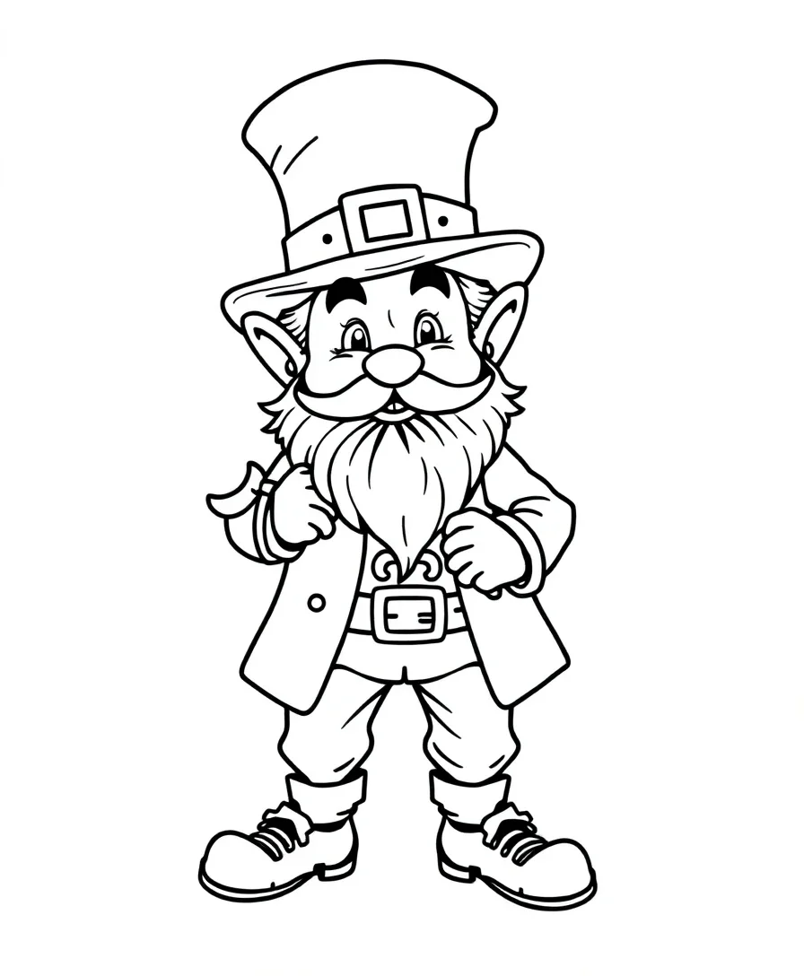 Line art of a whimsical leprechaun with bold outlines