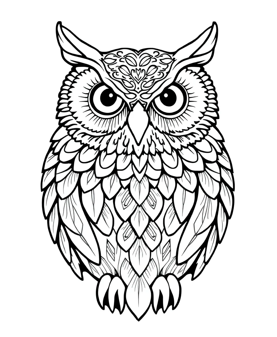 Line art of an owl with intricate feather patterns