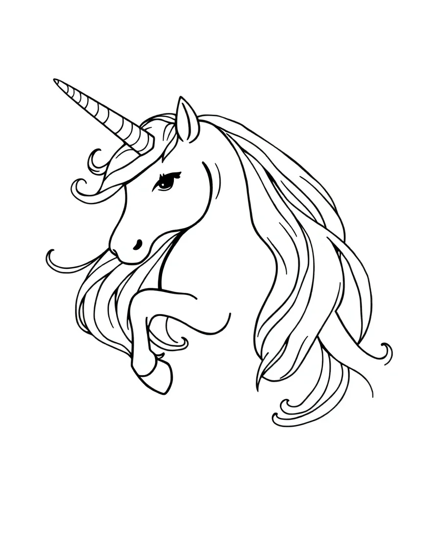 Line art of a unicorn with flowing mane