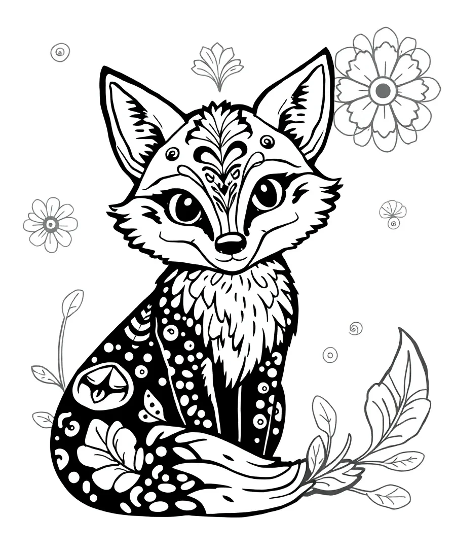 Line art of Funtime Foxy with playful patterns