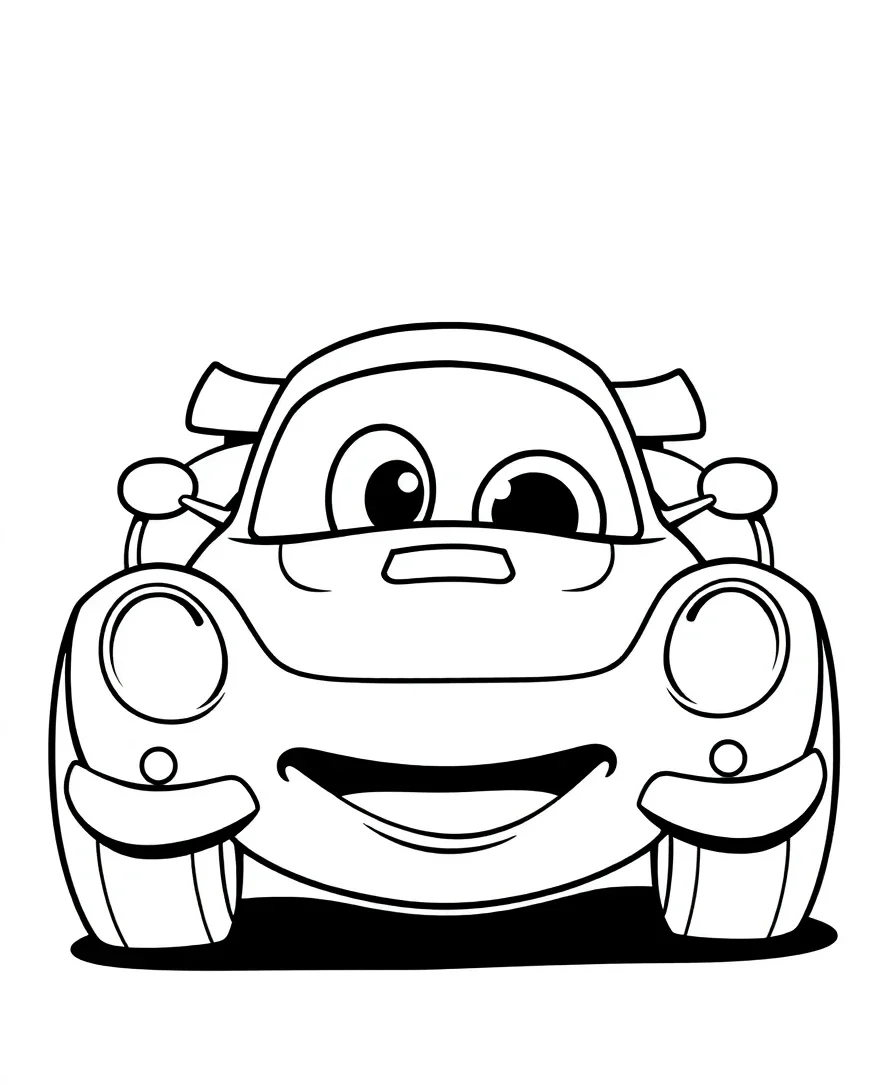 A cartoon race car with playful shapes and exaggerated features, perfect for line art
