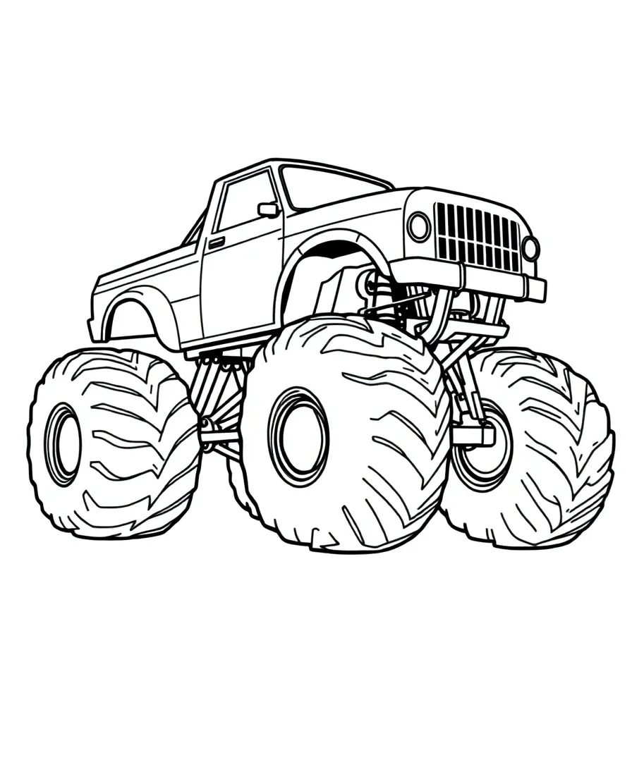 A monster truck with massive form and striking outlines, ideal for coloring