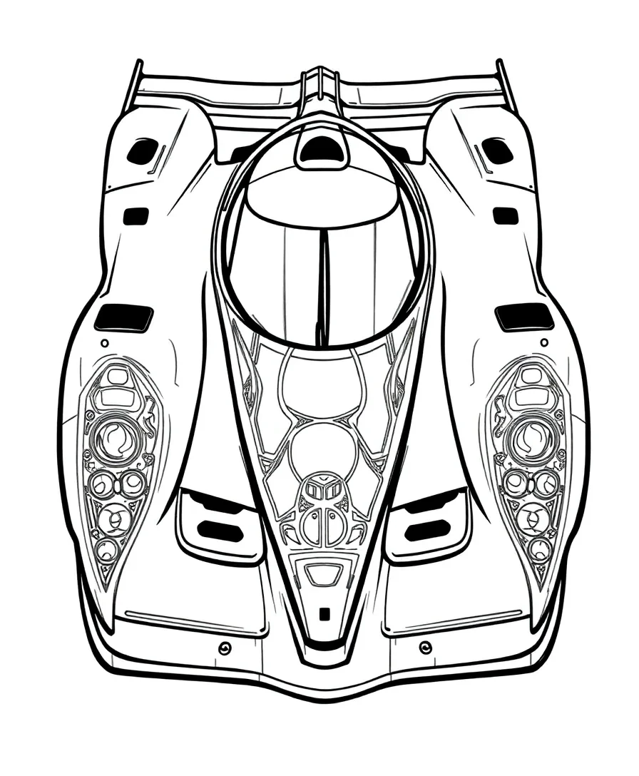 A Le Mans prototype with aerodynamic shape and intricate details, perfect for line art