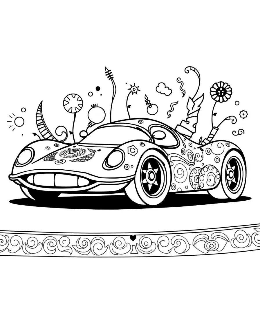 A fantasy race car with imaginative shapes and whimsical patterns, suitable for coloring