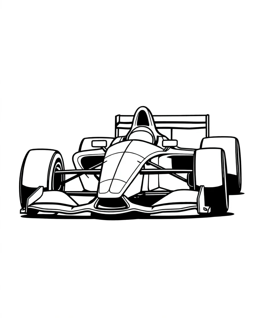 A Formula One race car with aerodynamic form and streamlined shapes, ideal for line art