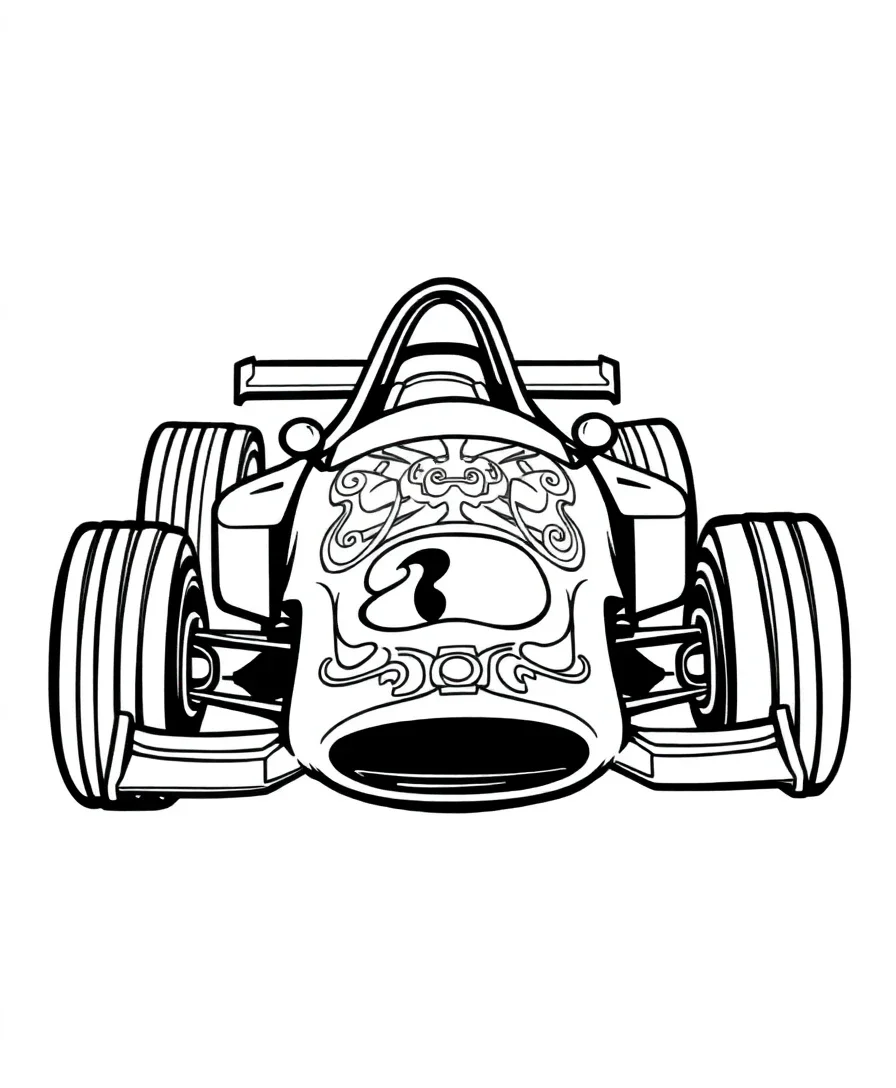 A retro race car with simple shapes and bold patterns, ideal for line art
