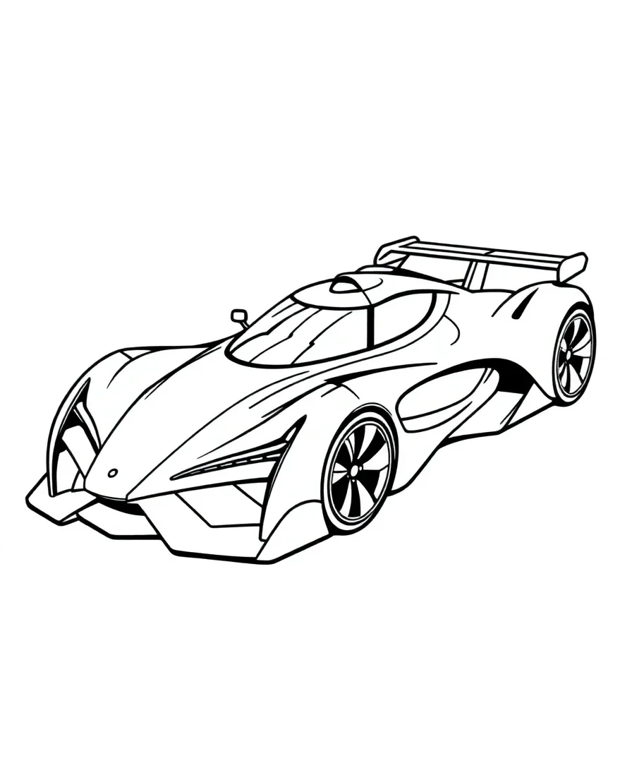 A futuristic race car with sleek lines and innovative shapes, suitable for coloring