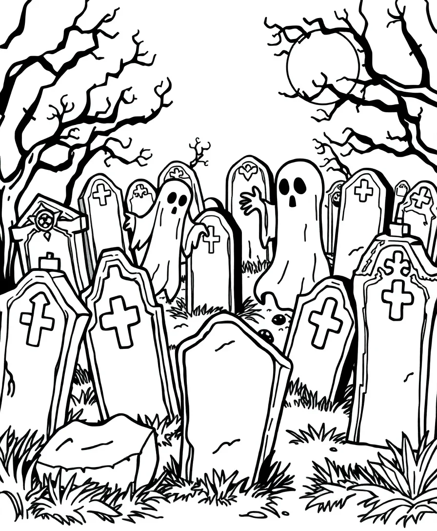 Ghosts in a graveyard setting with detailed gravestones, ideal for textural coloring