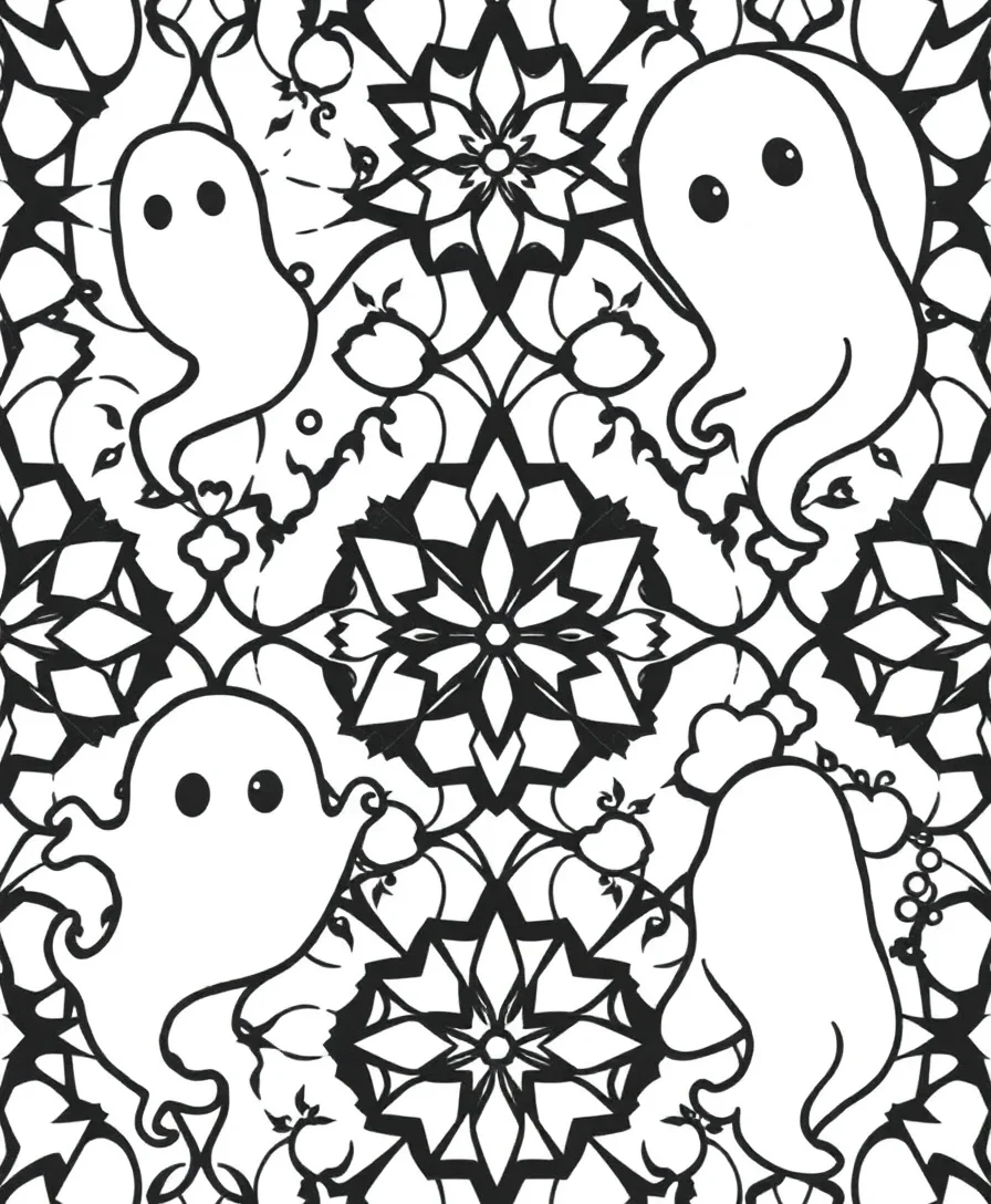 Ghostly geometric designs with bold forms, offering a modern coloring challenge