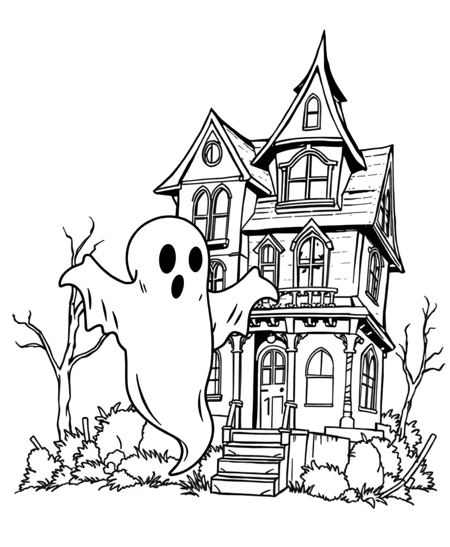 Ghost near a haunted house with sharp details, ideal for intricate coloring