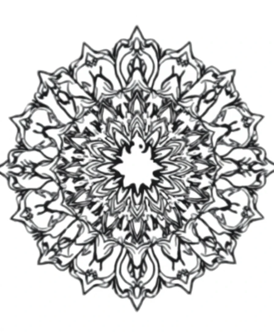 Ghostly mandala pattern with symmetrical shapes for meditative coloring