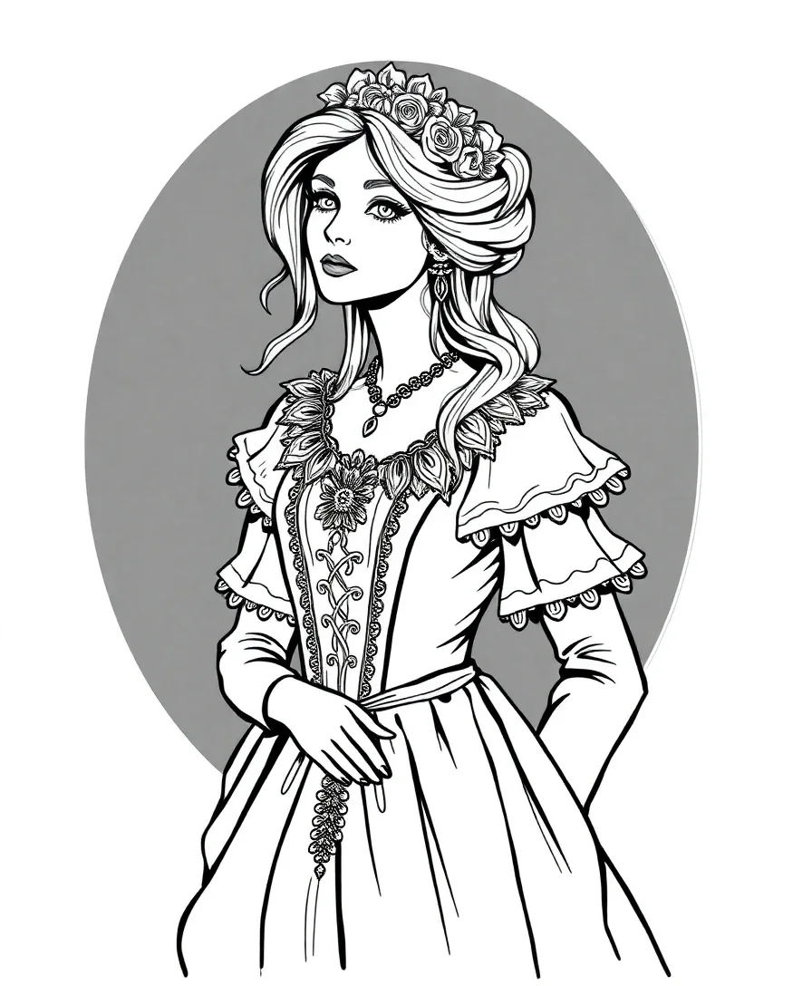 Victorian ghost lady with intricate attire, offering a sophisticated coloring experience