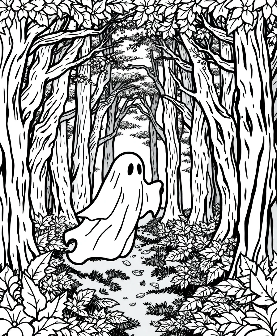 Ghost in a detailed forest setting, offering dynamic textures for coloring